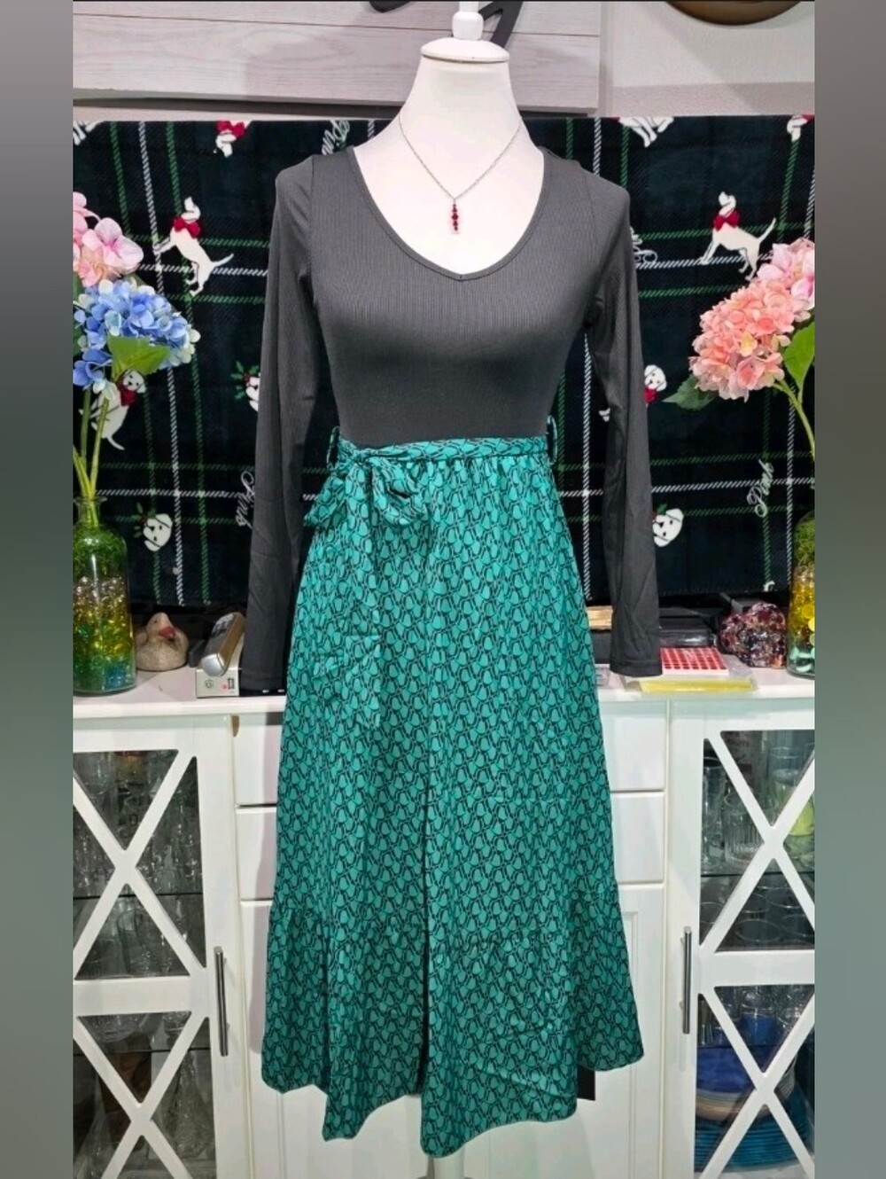 NWT S.DEER Mock Two-Piece Midi Dress - Green Geometric Print & Black, Size Large